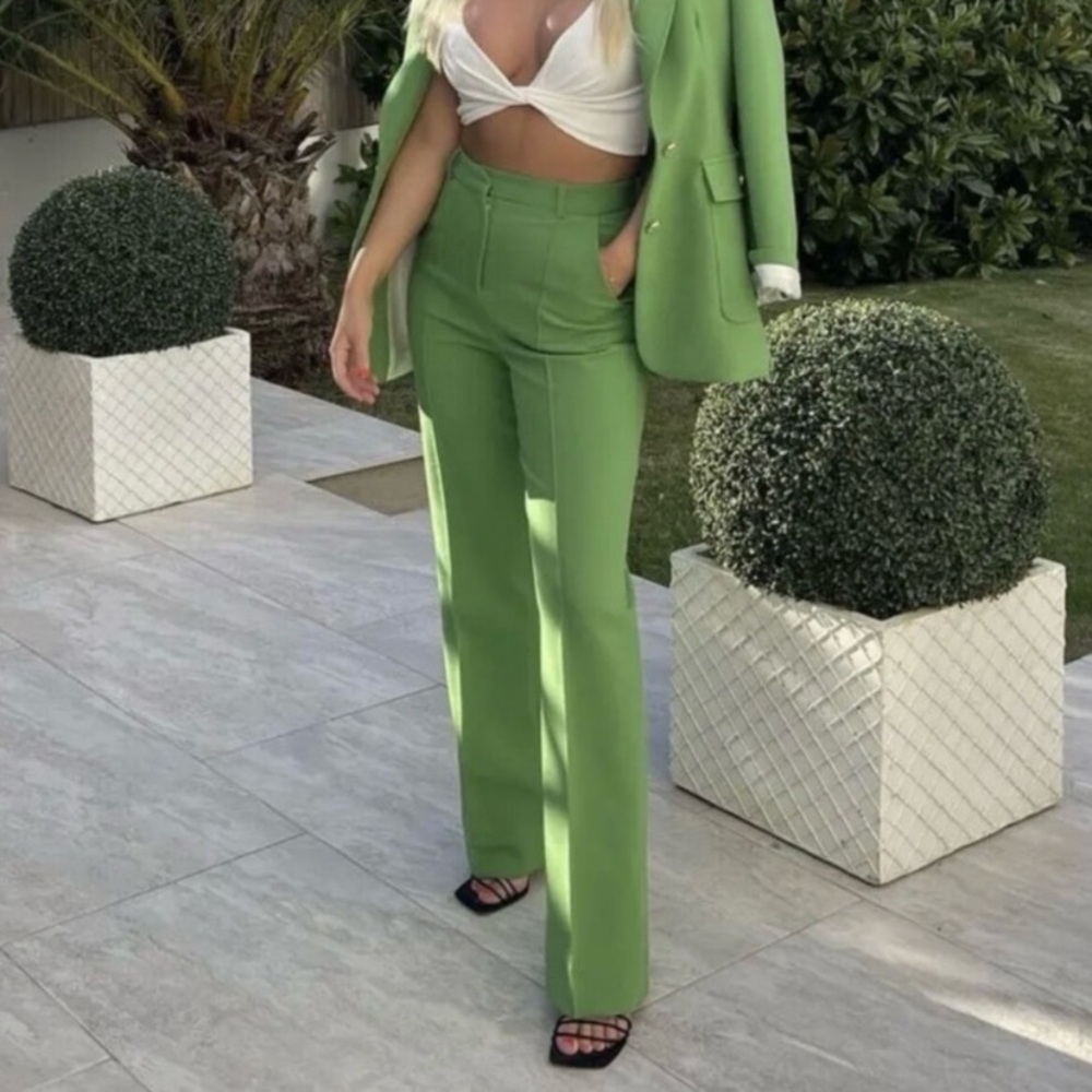 Zara High Rise Straight Leg Pleated Trousers In Apple Green